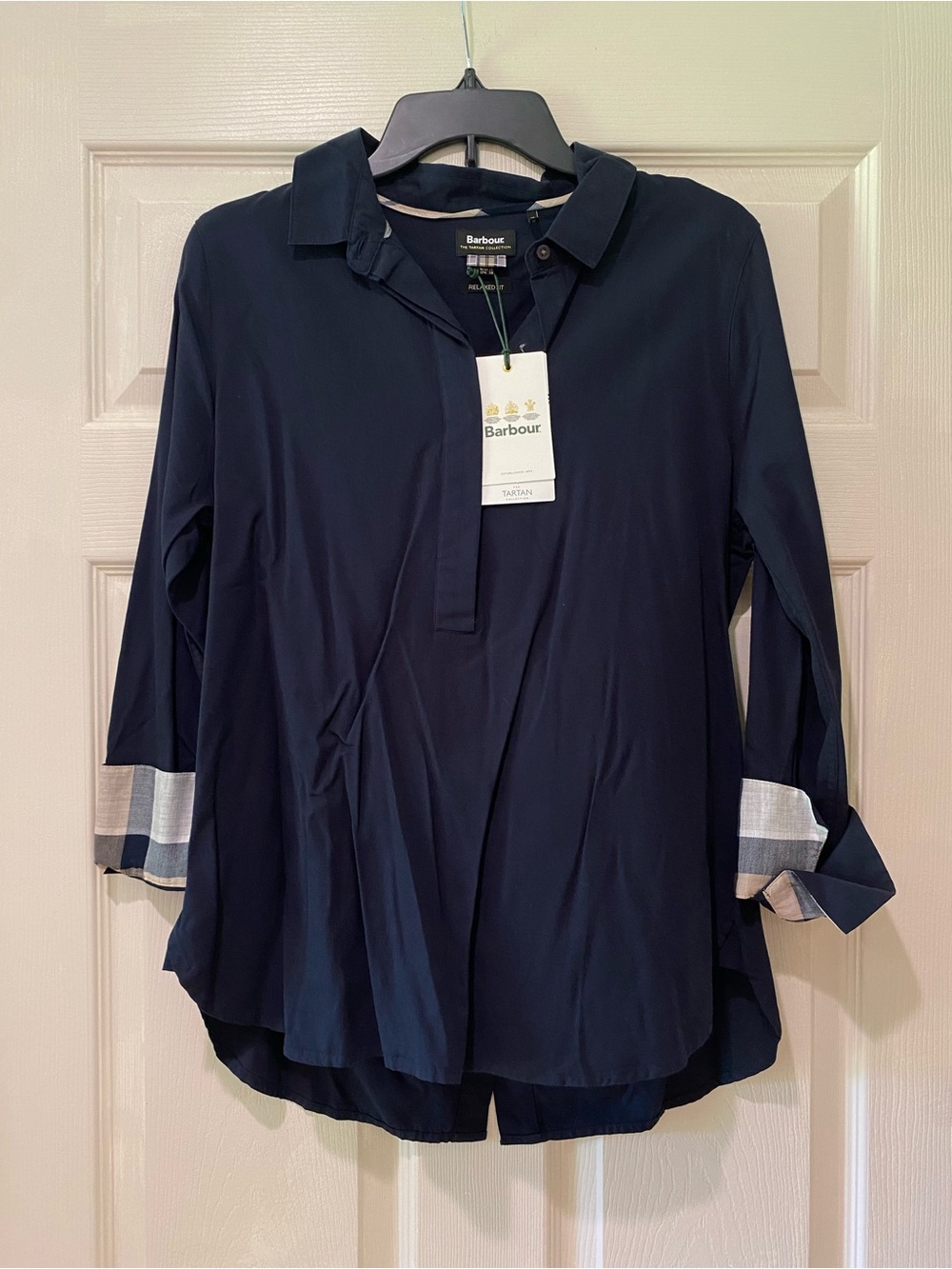 Barbour Monteith Overlayer Tartan Cuffs Pullover Tubic Navy Blue NWT Size 4